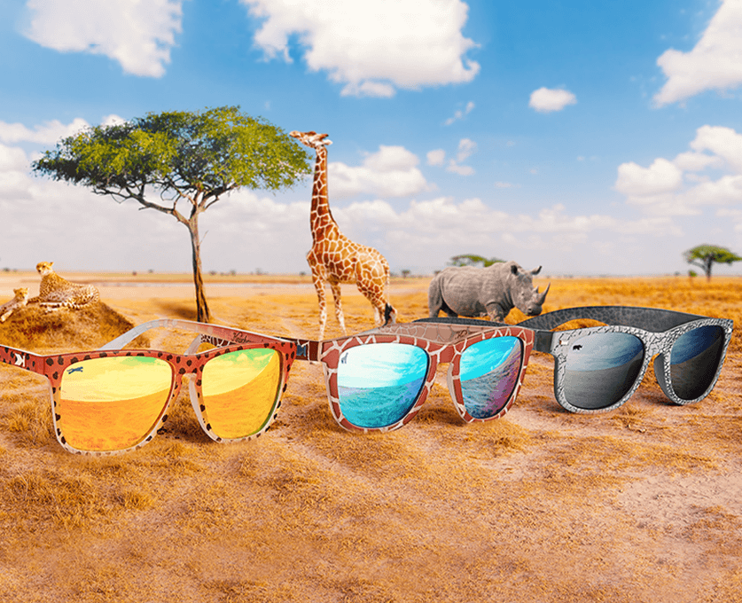 Knockaround brand sunglasses in cheetah, giraffe & rhino print. 