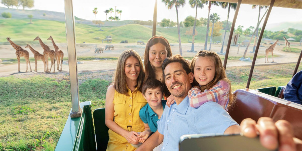 Family on tram with animals in background