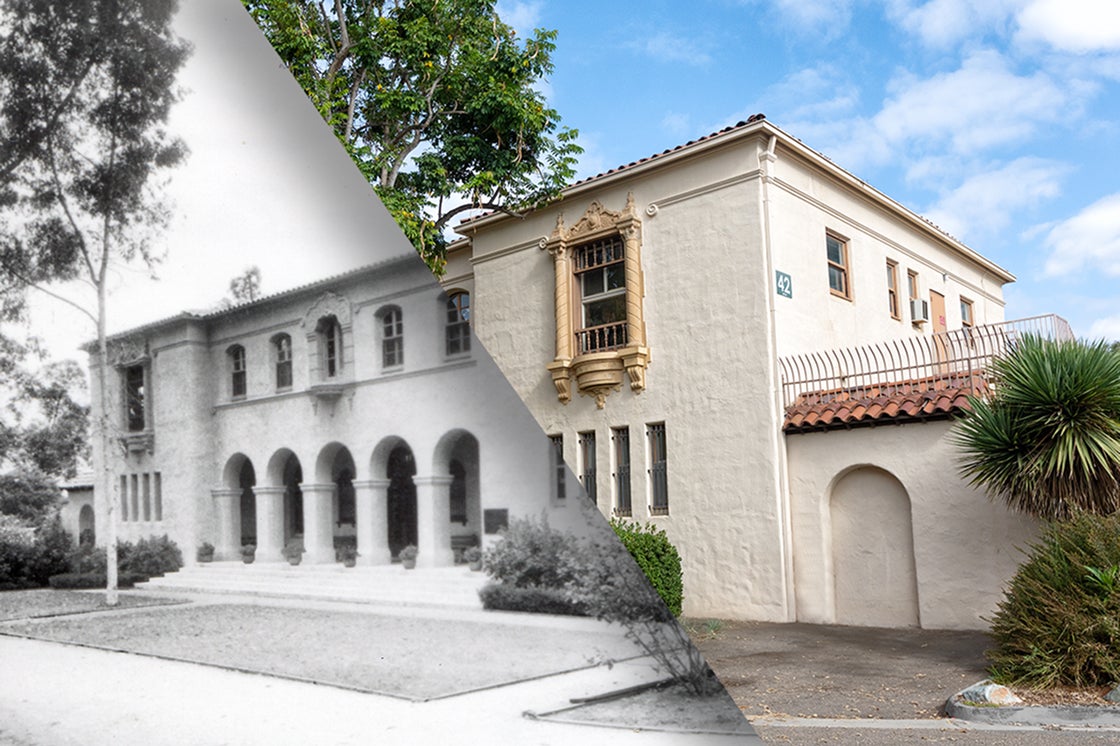 Building, half black and white