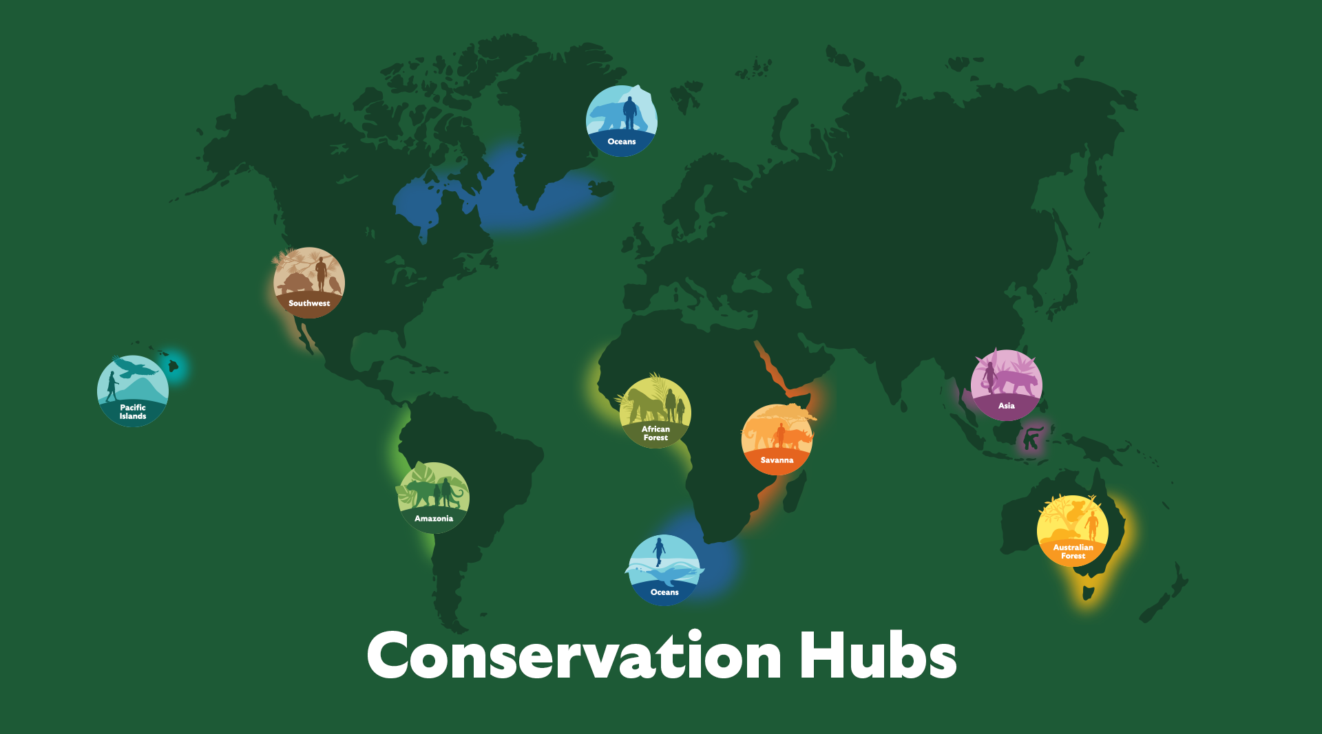world map showing locations of conservation hubs