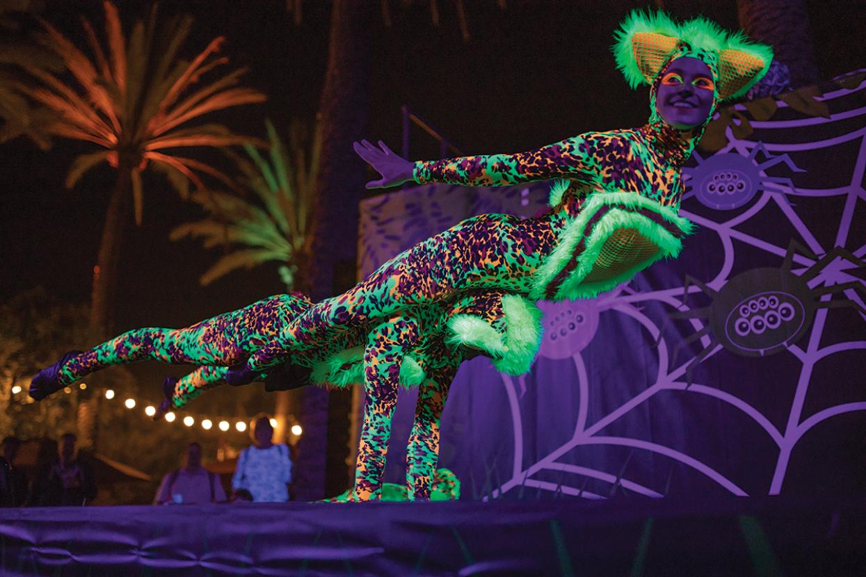 two acrobats in neon outfits performing