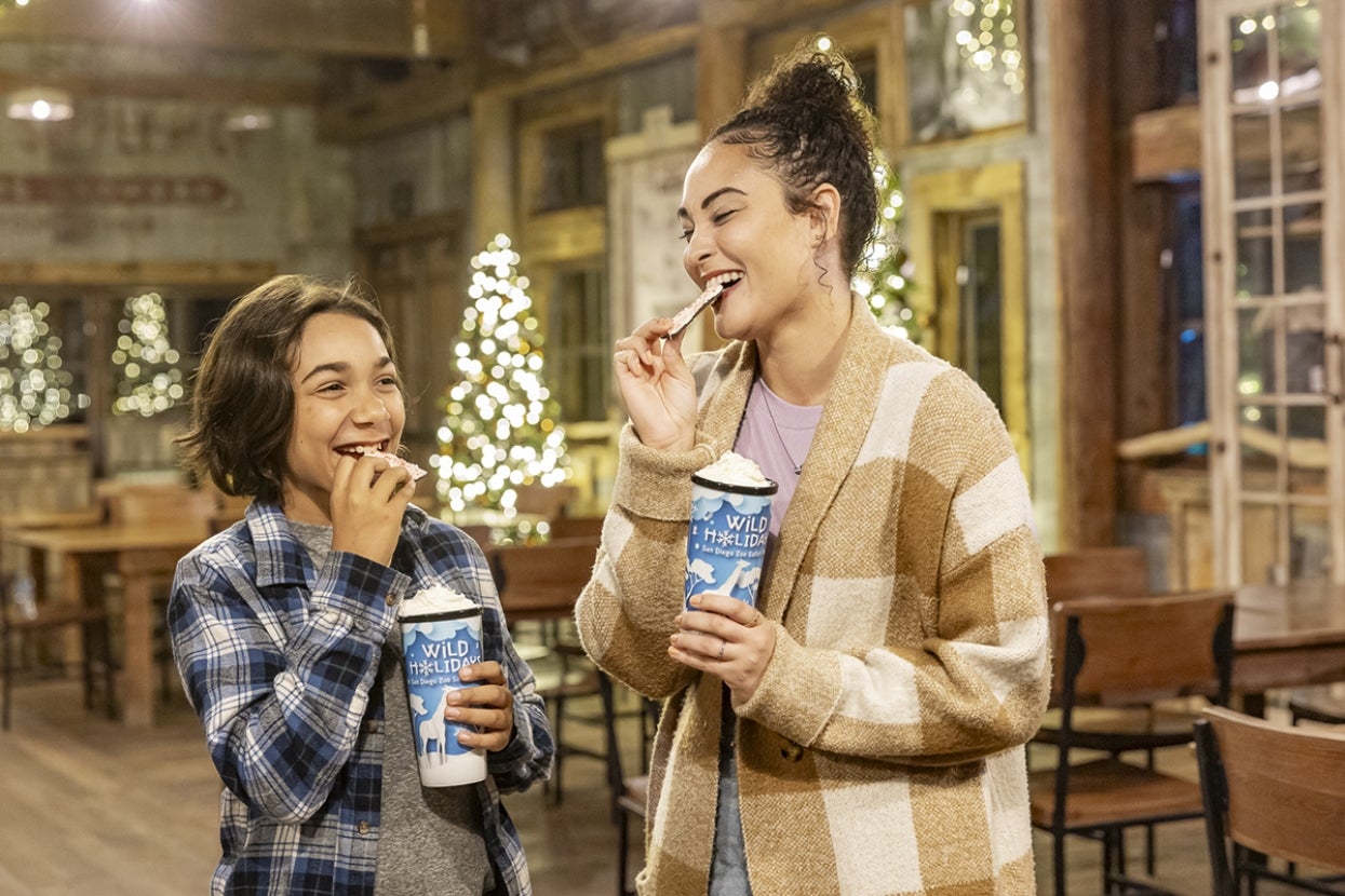 Two people enjoy hot chocolate and peppermint bark.