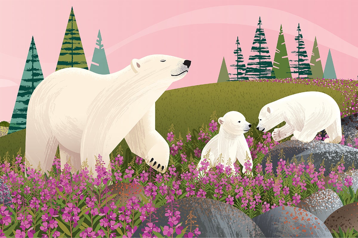 Polar bear and cubs with flowers