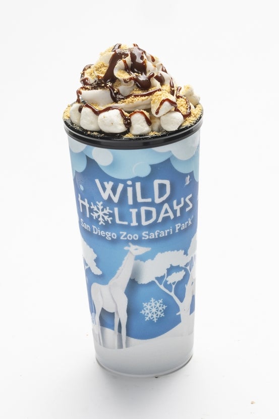 Gourmet hot chocolate with marshmallow topping in Wild Holidays-branded cup.
