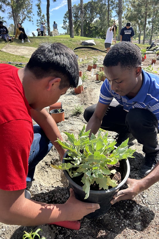 Two students with large plant