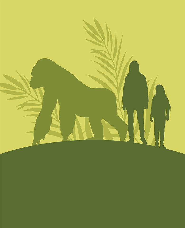 illustrated silhouette in shades of green of gorilla, leaves, adult human and child