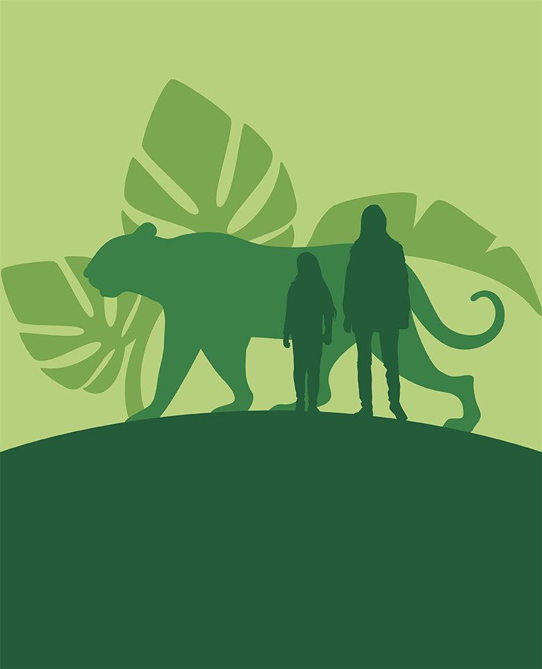 illustrated silhouette in shades of green of fern leaves, jaguar, human adult and child