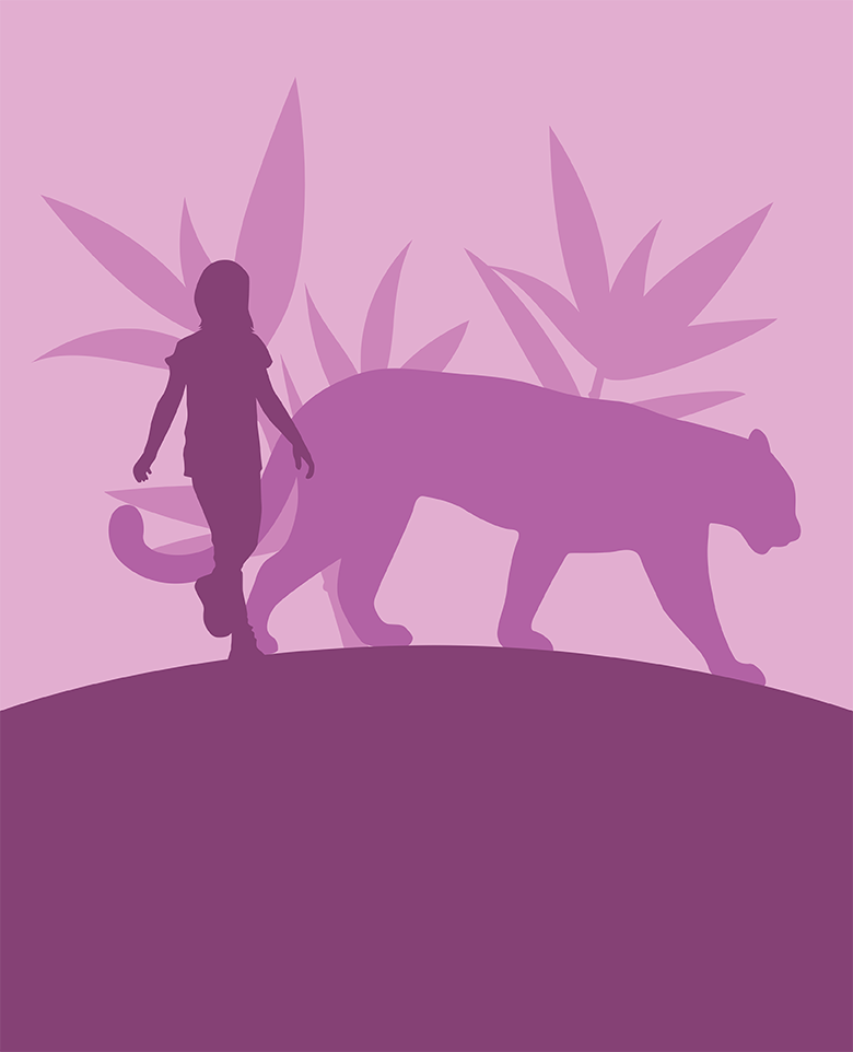 illustrated silhouette of human, bamboo leaves, and tiger in shades of violet