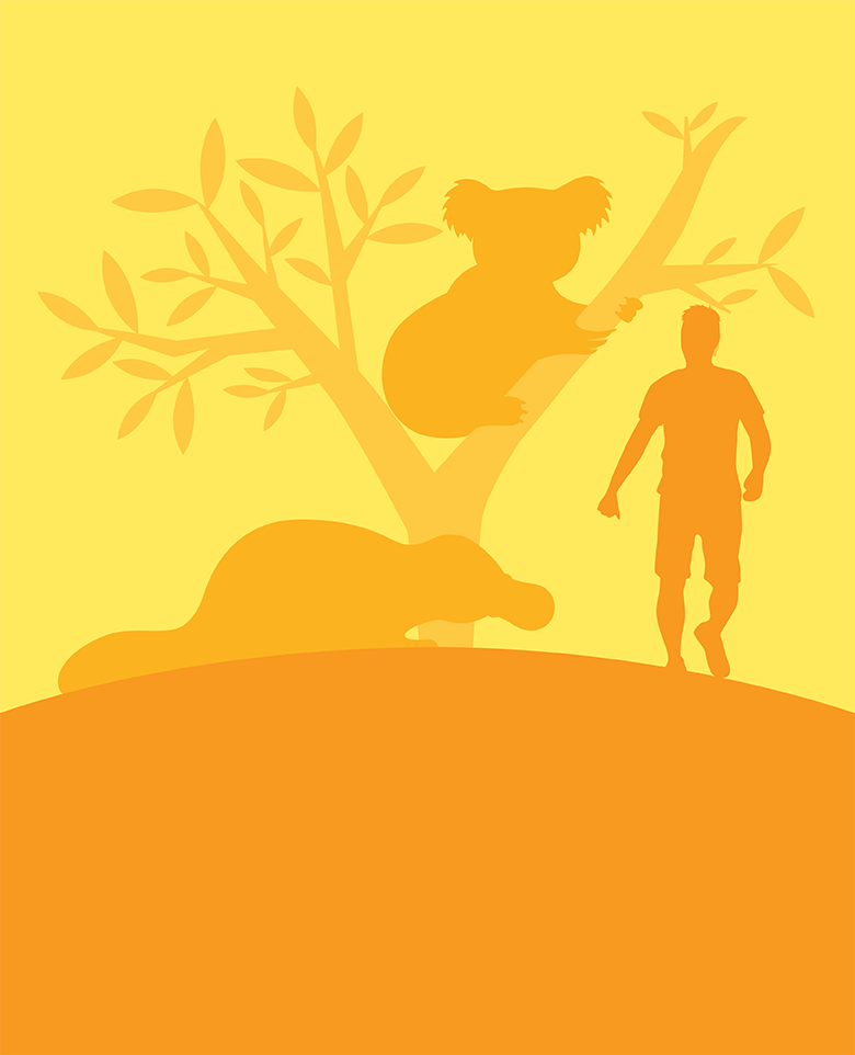 illustrated silhouette in shades of bright yellow and orange of human, platypus, and a koala in a eucalyptus tree