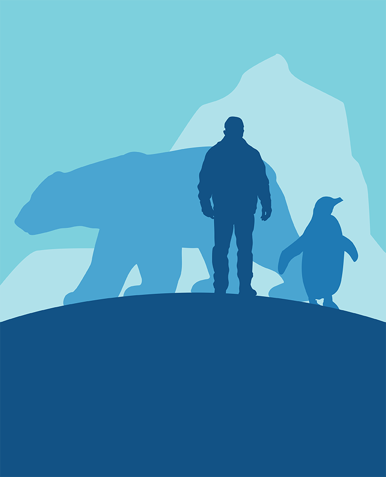 illustrated silhouette in shades of blue of person, iceberg, penguin, and polar bear