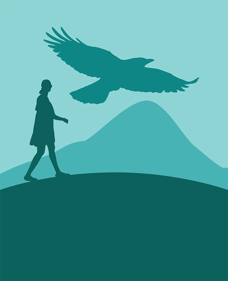 illustrated silhouette in shades of teal of human, mountain, and Hawaiian crow, ʻalalā