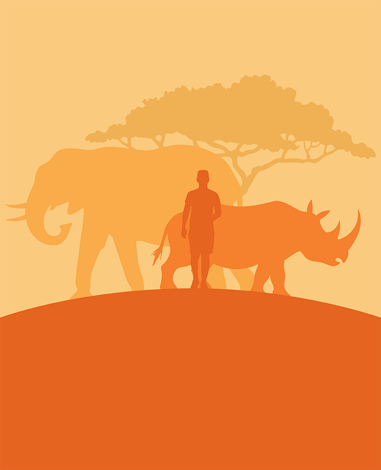 illustrated silhouette in shades of orange of human, elephant, rhino, and acacia tree